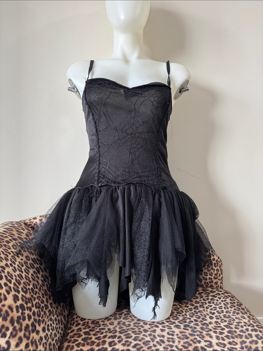 Goth Witch Halloween Costume Black Lace Tulle Slip Dress with Spaghetti Straps